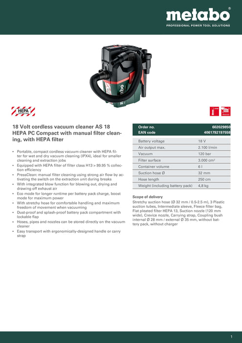 Metabo CAS Cordless 18V Industrial Vacuum Cleaner. AS 18 HEPA PC COMPACT.