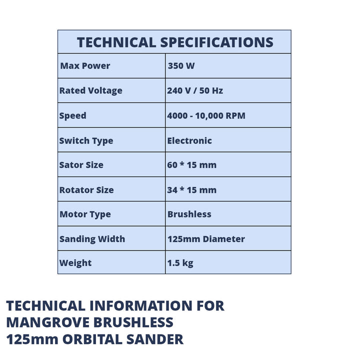 Mangrove Brushless Motor 125mm Orbital Sander. 240V 350W.