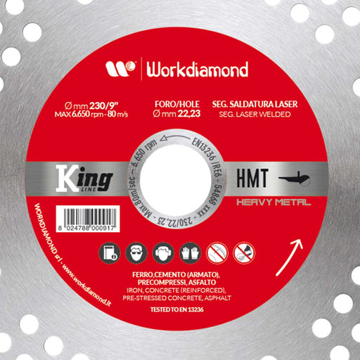 Workdiamond King Line HMT heavy metal dry cutting blade for angle grinders 230mm. Close-up of blade description and instructions