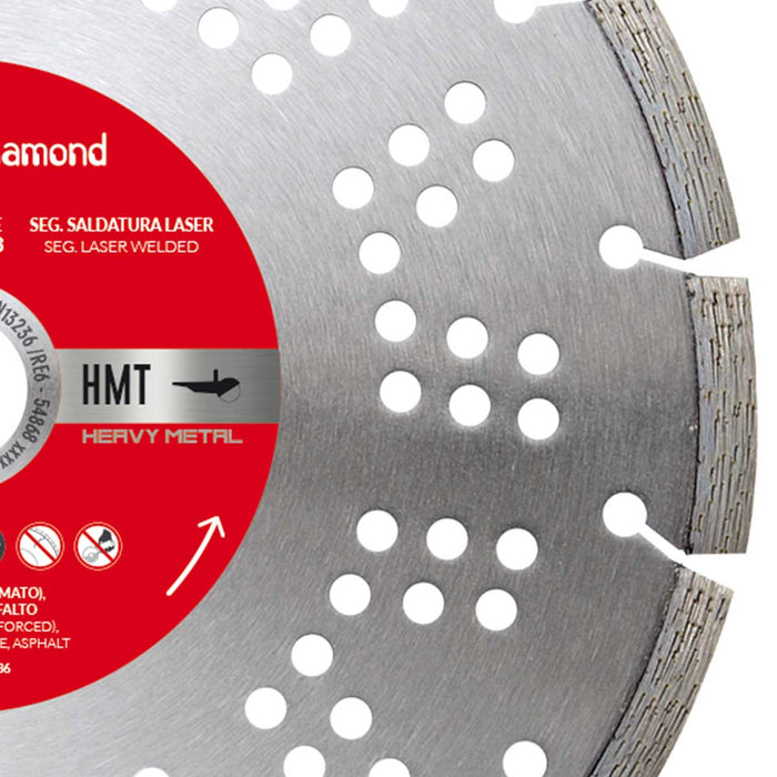 Workdiamond King Line HMT heavy metal dry cutting blade for angle grinders 230mm. Up-close image of segments.