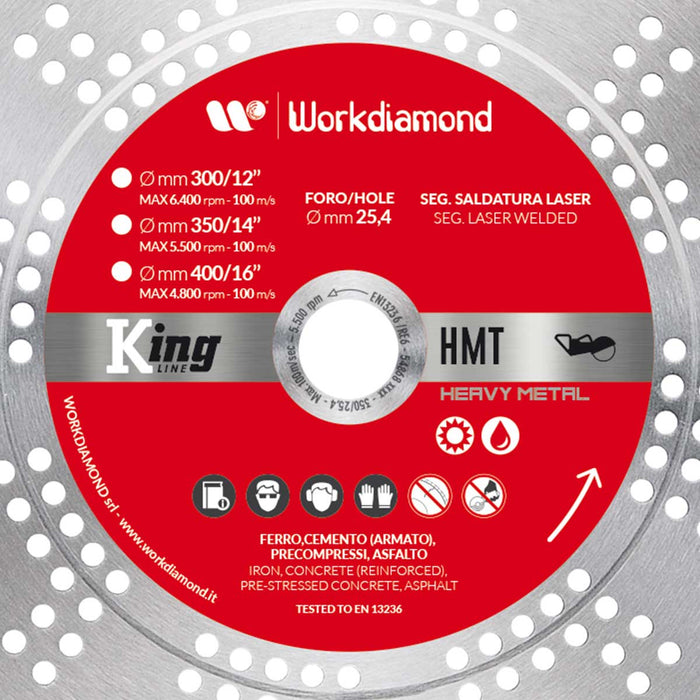 Workdiamond King Line HMT heavy metal dry cutting blade for angle grinders. Up-close image of blade details and instructions